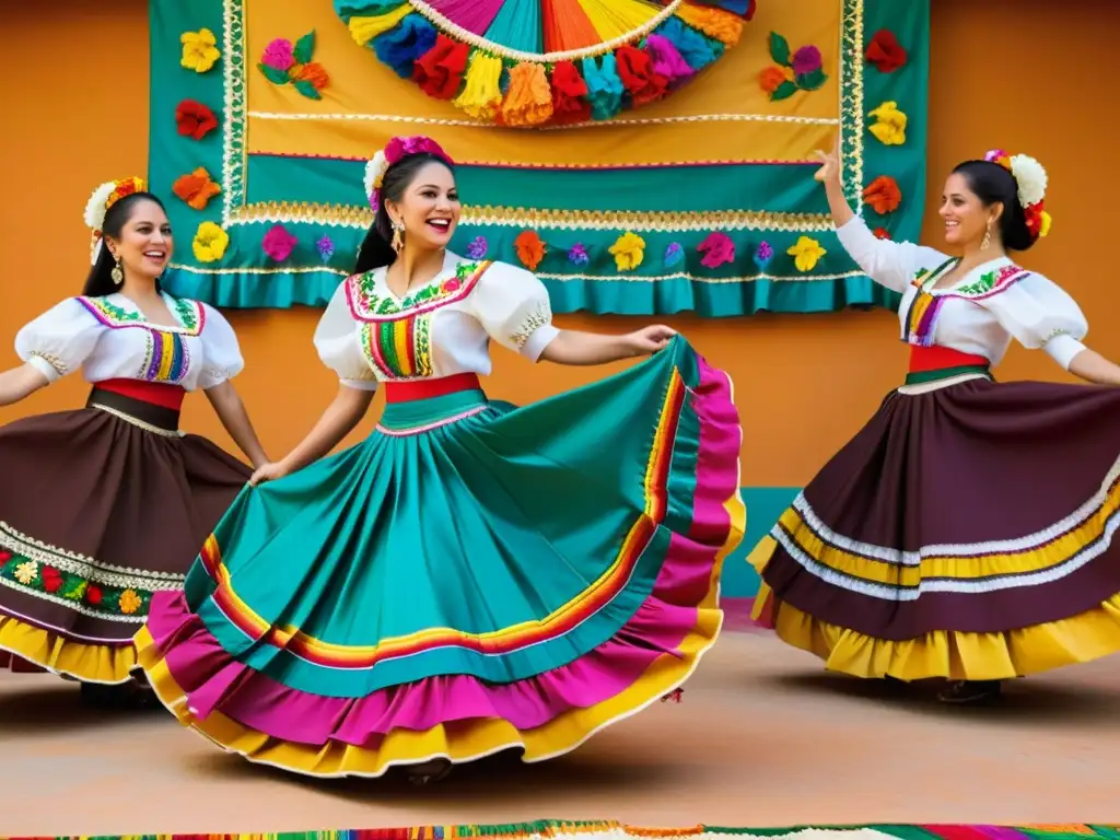 Una imagen detallada de una colorida presentación de danza folclórica mexicana en un escenario vibrante al sol