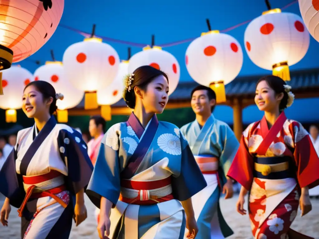 Imagen detallada de la danza tradicional Bon Odori en Japón, con yukatas vibrantes y ambiente festivo bajo farolillos y cerezos en flor