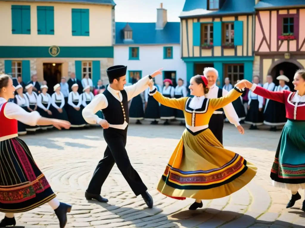 Una imagen detallada de la danza tradicional bretona, con movimientos precisos y trajes coloridos