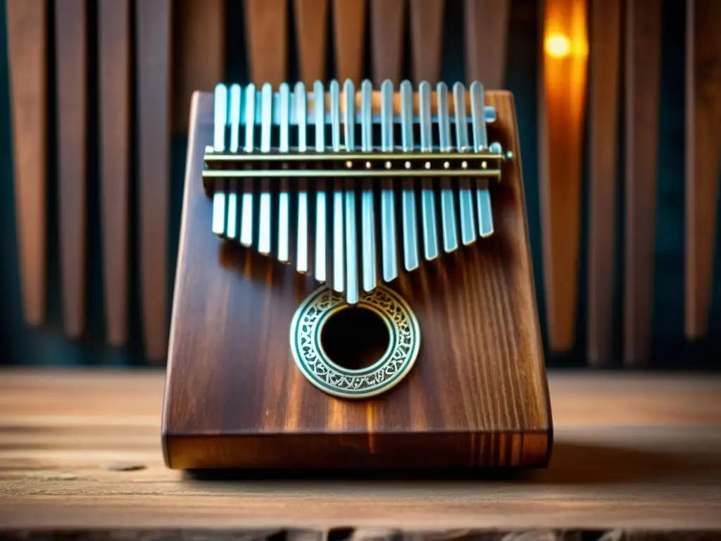 Una imagen detallada y emotiva del kalimba africano, sus llaves metálicas brillan mientras el fondo difuminado muestra músicos y bailarines