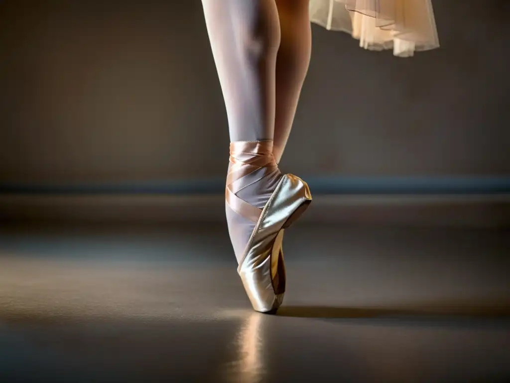 Una imagen detallada y emotiva de los pies de una bailarina en punta, resaltando la importancia del vestuario en danzas cinematográficas