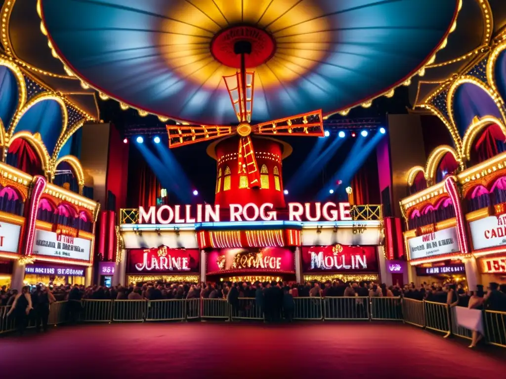 Imagen detallada en 8k del Moulin Rouge en París, capturando la energía vibrante y los colores del Cancan francés