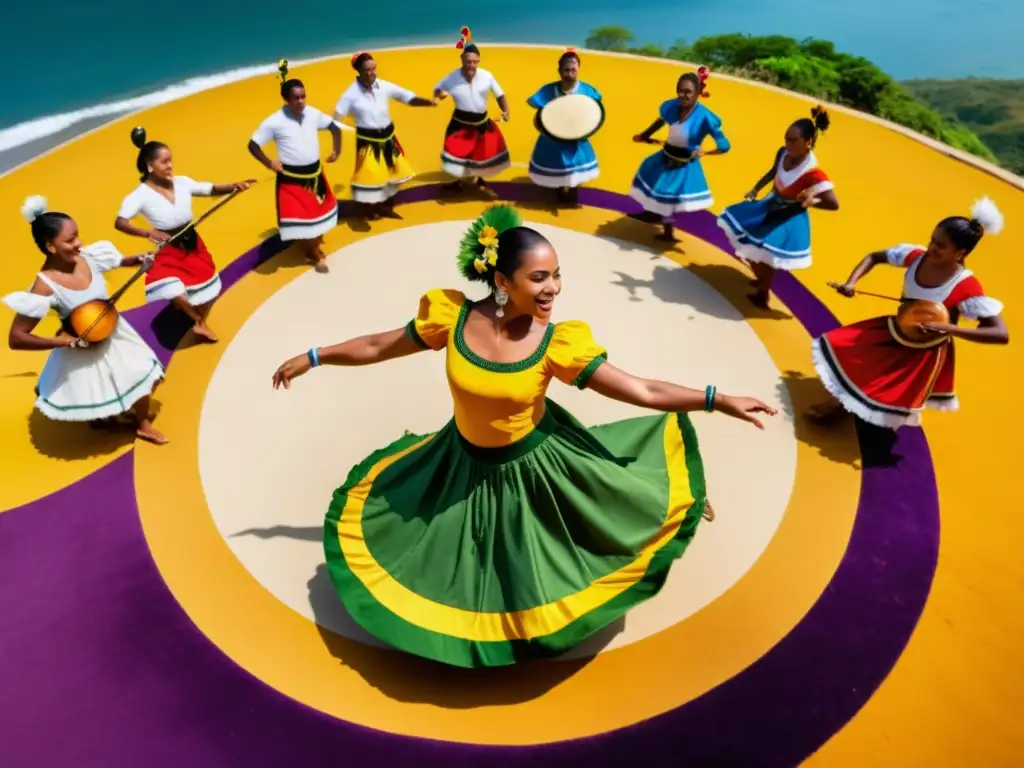 Imagen detallada en 8k de un festival de danzas rurales en Brasil con Viola Caipira, músicos y bailarines en trajes vibrantes en las colinas del campo brasileño al atardecer