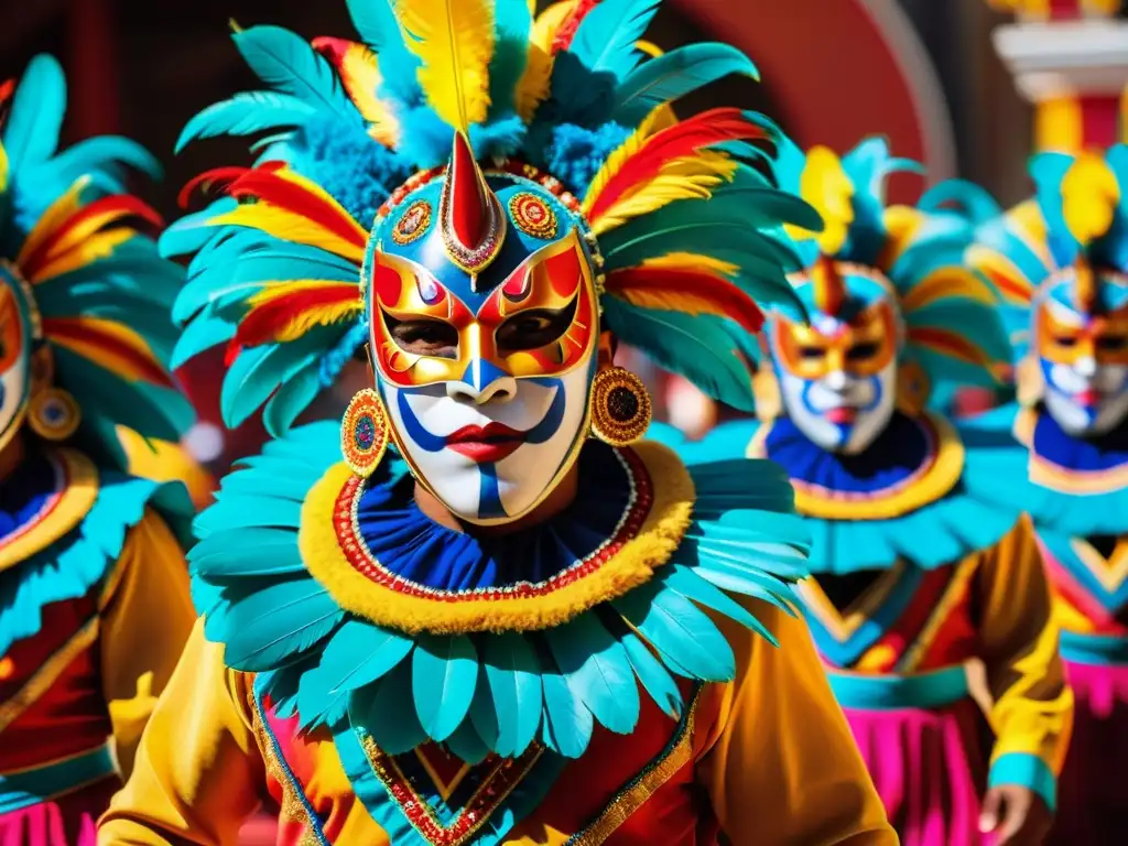 Imagen 8k detallada de la impactante Diablada boliviana, significado cultural en vibrantes trajes y máscaras adornadas con plumas y expresiones fieras