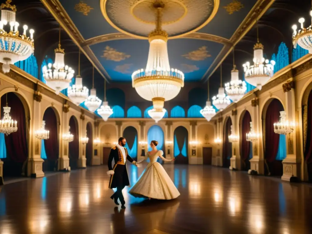 Imagen detallada de indumentaria y danzas cortesanas europeas en un palacio, con nobles y bailarines bajo lustres