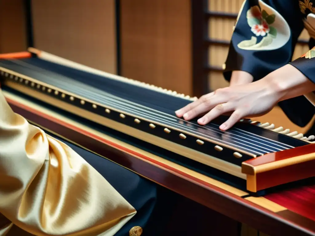 Imagen detallada de una koto japonesa tocada con maestría, mientras una bailarina realiza la Danza del Kabuki Japón con gracia y destreza