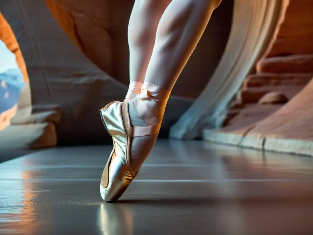 Una imagen detallada muestra los pies de una bailarina en punta, con zapatillas de ballet desgastadas y elegantes libros de danza en segundo plano