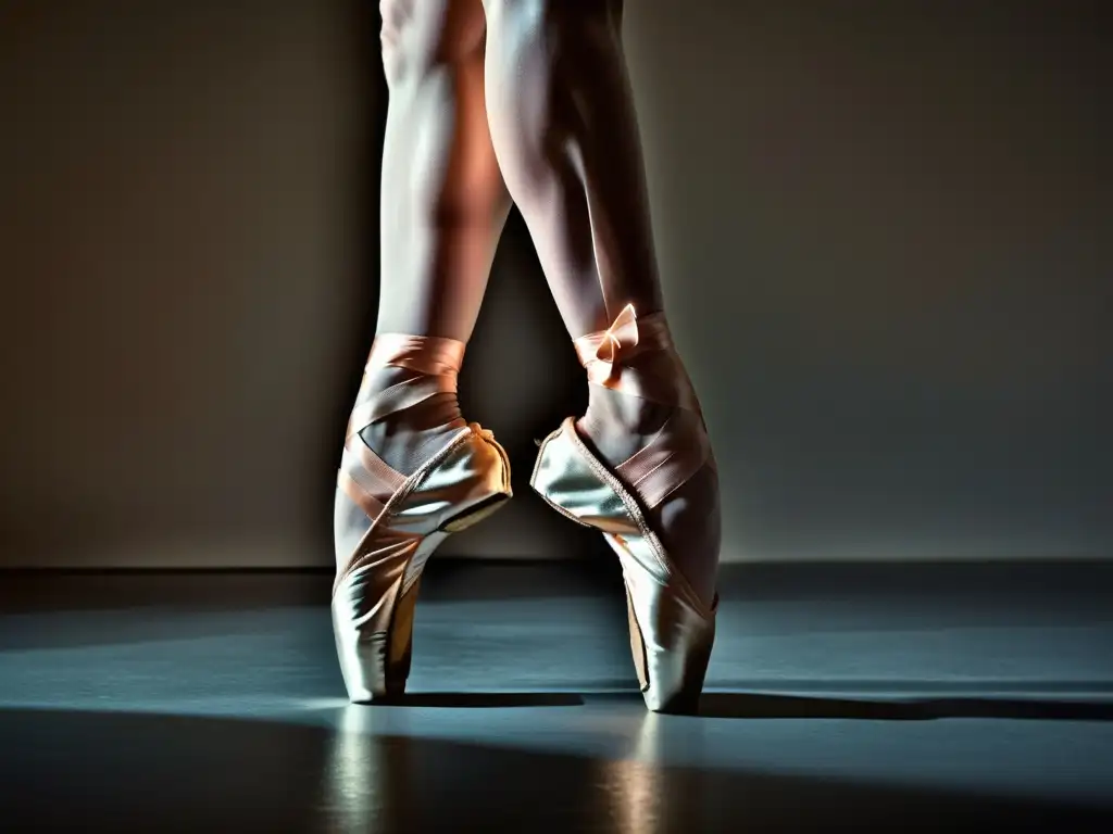 Imagen detallada de los pies de una bailarina en puntas, mostrando la gracia y fuerza del ballet clásico