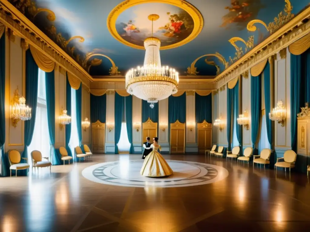 Imagen detallada de salón de baile en la corte francesa, con elegante danza de Minuet, reflejando la sofisticada atmósfera de la época