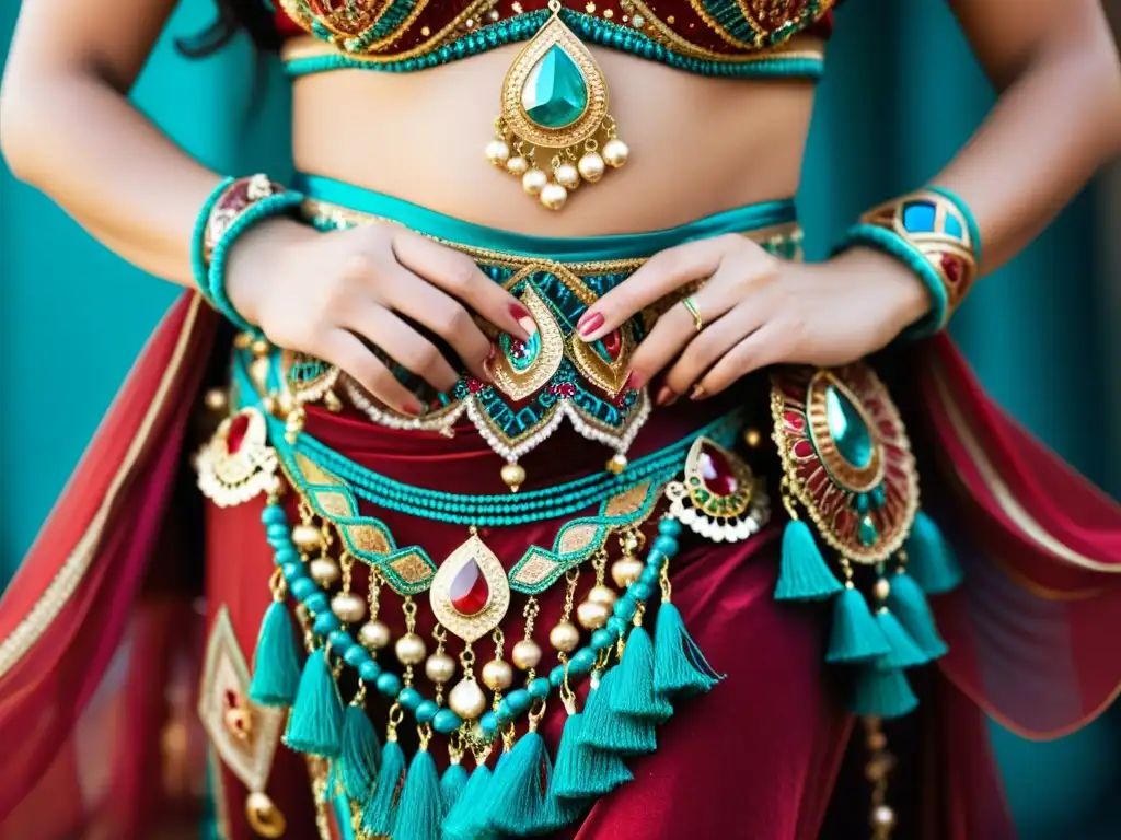 La imagen muestra un detallado traje de danza del vientre con bordados y colores vibrantes, joyería tradicional y una bailarina