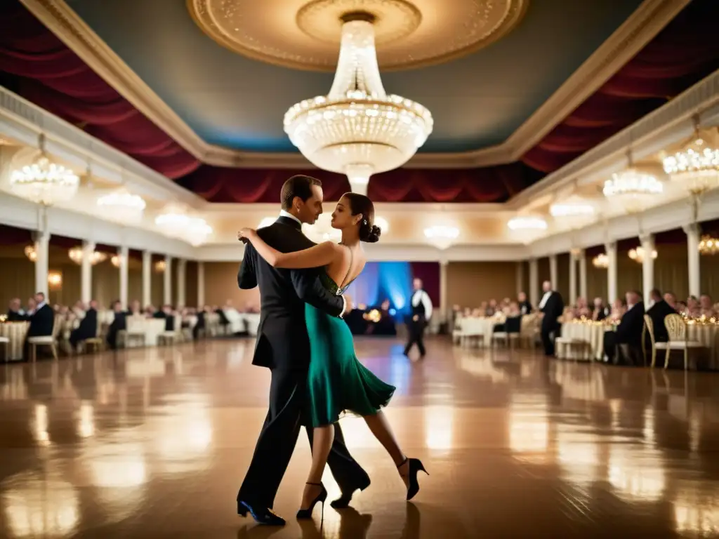 Una imagen de un elegante salón de baile del siglo XX con parejas de tango, mostrando el significado cultural del Baile de Salón