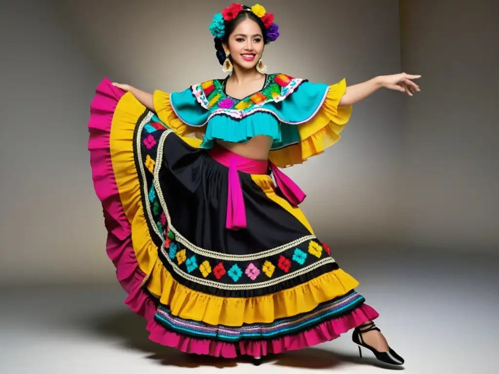 Una imagen que documenta la energía y pasión de una danza folclórica mexicana, destacando el significado cultural de trajes de danza