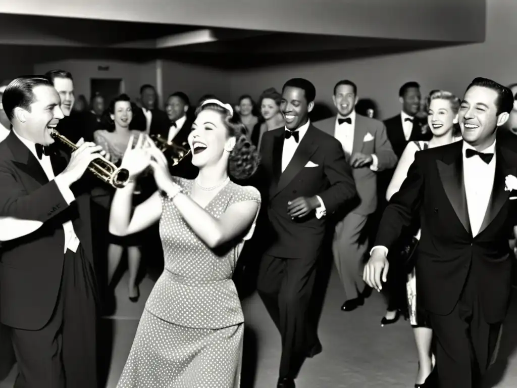 Imagen de la era del swing y jazz, una animada pista de baile de los años 40 con una masterclass de swing y jazz, hombres y mujeres elegantemente vestidos bailando al ritmo de una banda de jazz