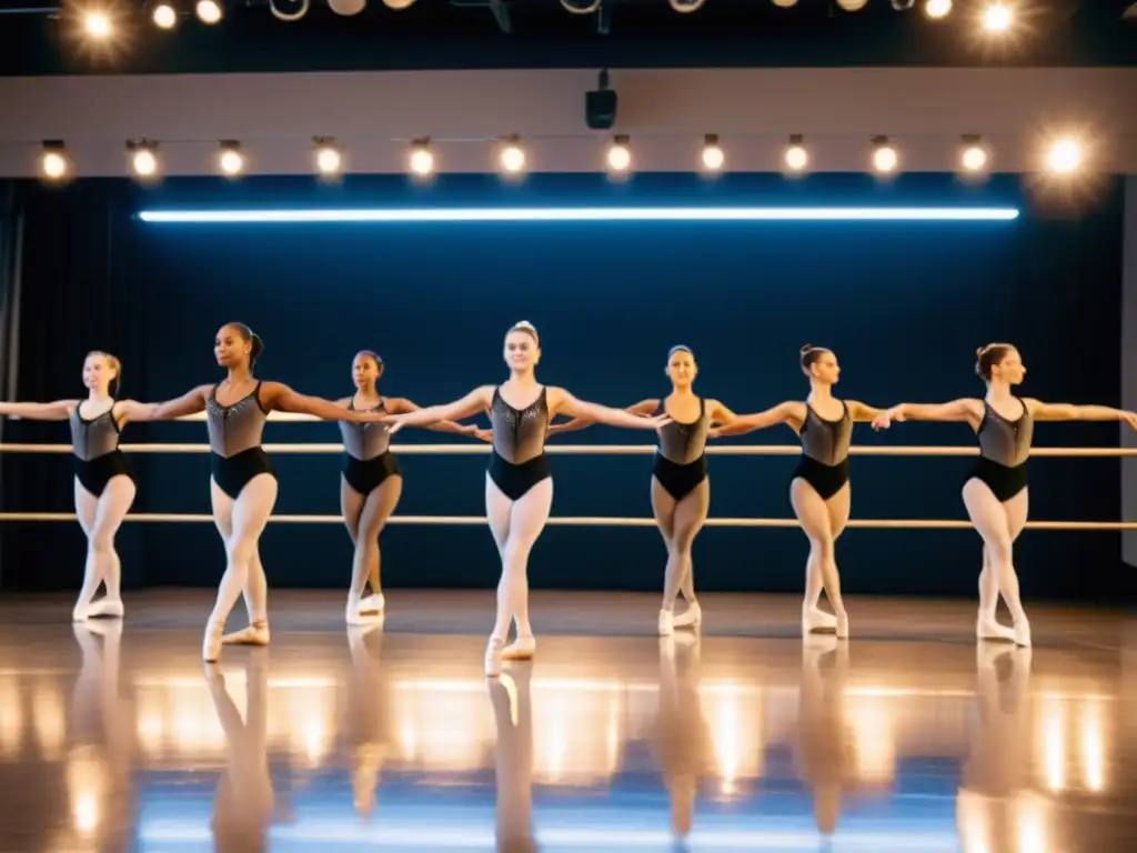 Imagen de estudio de danza profesional con bailarines usando trajes adaptados al clima, reflejando la pasión y energía en sus movimientos