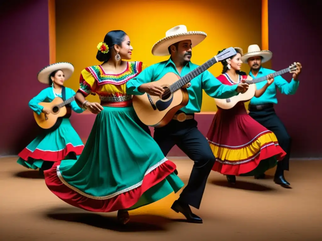 Imagen de fandango mexicano con técnica de baile son jarocho, músicos y danzantes en trajes vibrantes