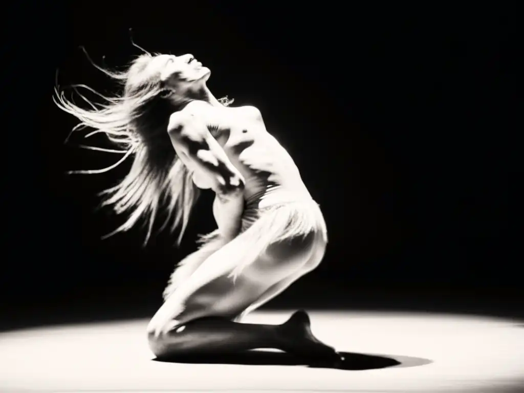 Imagen impactante de un bailarín de danza Butoh japonés en pose enigmática, en un escenario tenue