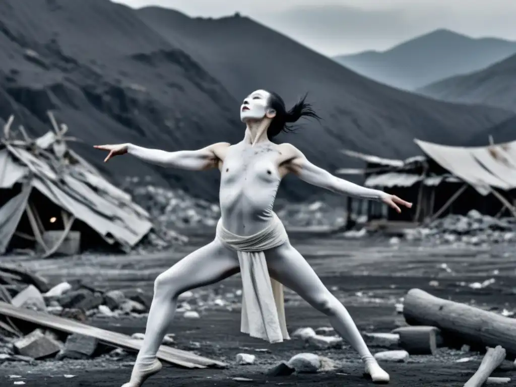 Imagen impactante de un bailarín Butoh con pintura blanca en un paisaje japonés postapocalíptico