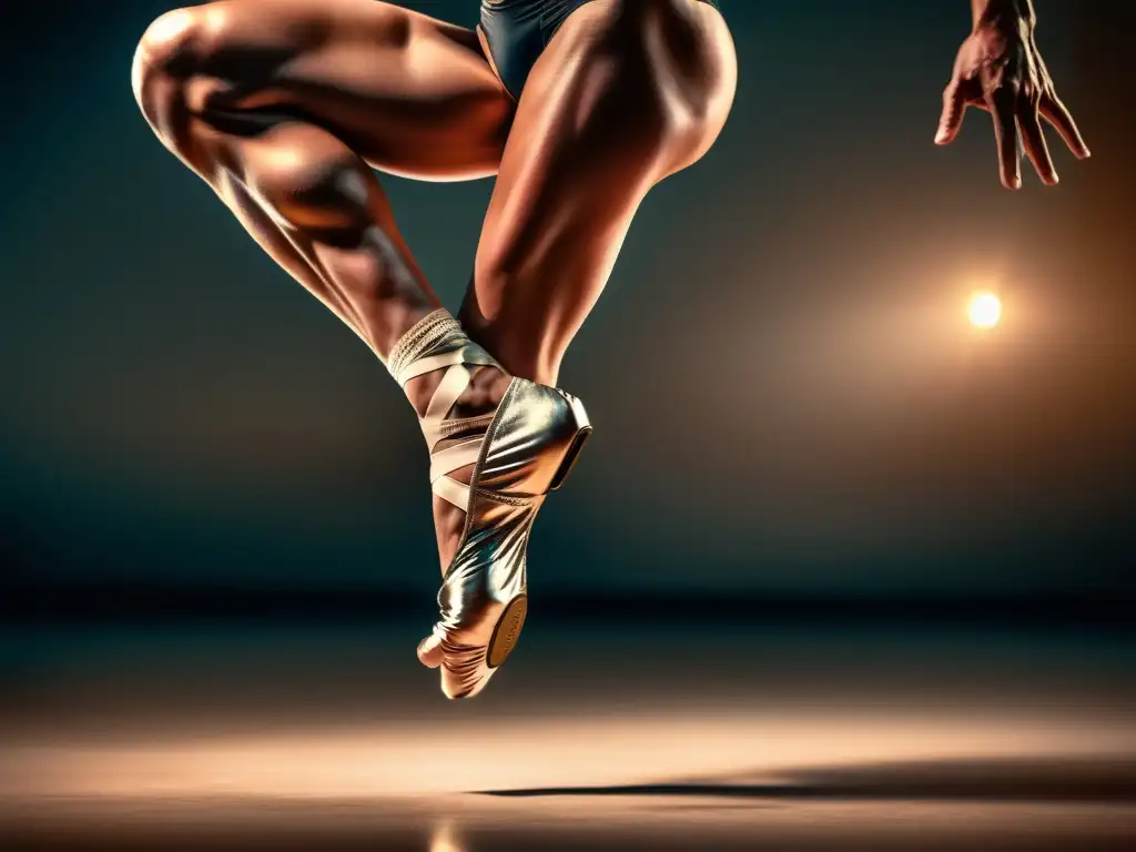 Imagen impactante de un bailarín ejecutando un salto de ballet, destacando la fuerza y gracia