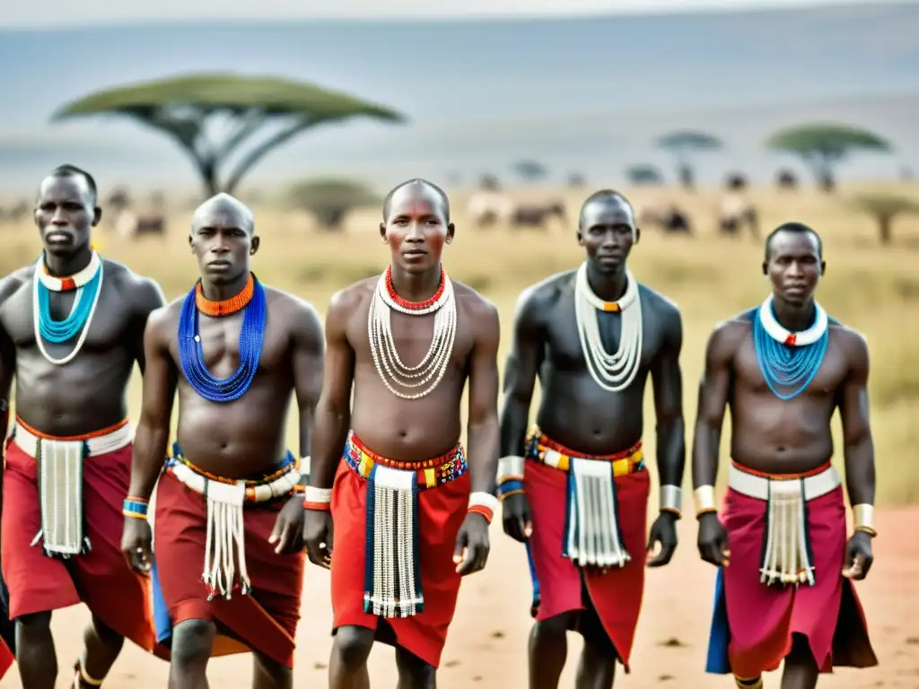 Imagen impactante de bailarines Maasai en atuendos tradicionales, danzando en la sabana africana