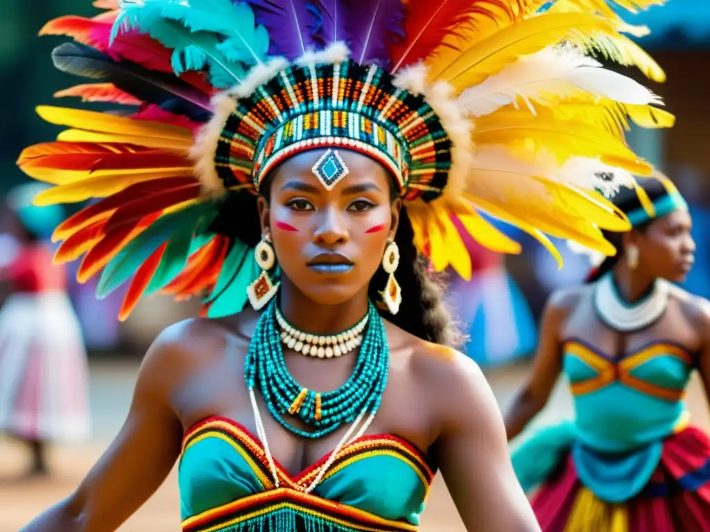 Imagen impactante de la danza Saya AfroBoliviana, con bailarines vestidos con trajes tradicionales llenos de color y significado cultural