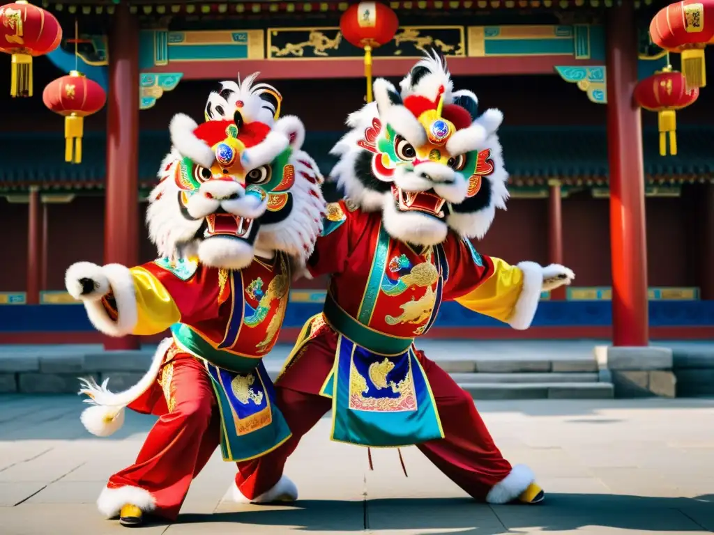 Imagen impactante de la Danza del León Chino significado cultural: acróbatas en trajes coloridos, saltando con destreza en festival callejero animado