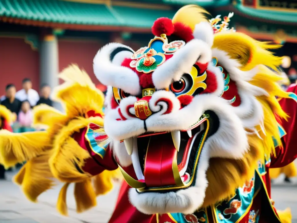 Una imagen impactante de la Danza del León Chino, capturando la energía y el significado cultural en los movimientos y detalles del traje vibrante