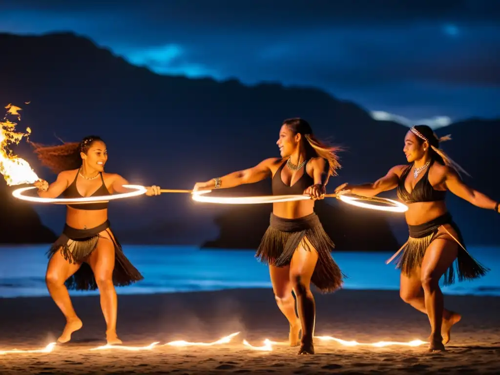 Imagen impactante de la Danza del Fuego con Poi Maorí, resaltando la destreza de los artistas y la belleza de la tradición maorí