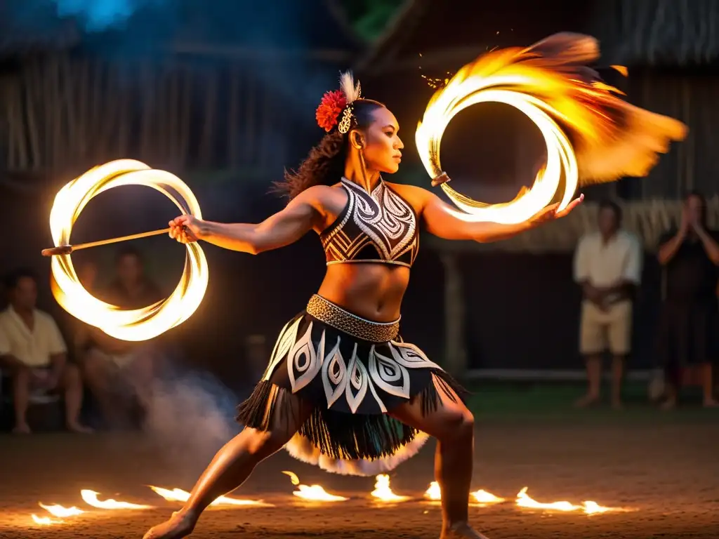 Imagen impactante de la danza del fuego técnica poi maorí, con movimientos gráciles y patrones de fuego vibrantes