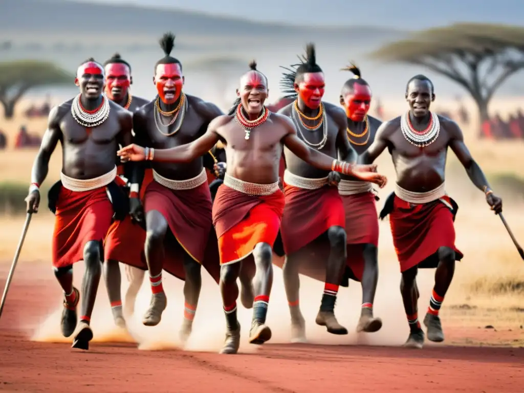 Imagen impactante de la danza Adumu Maasai, capturando la fuerza y significado cultural de esta tradición ancestral en la sabana keniana al atardecer