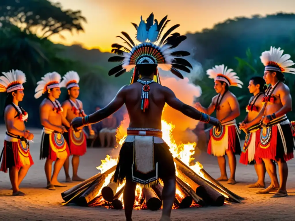 Imagen impactante de danza ritual maya al atardecer, con músicos y bailarines en trajes tradicionales alrededor de una fogata