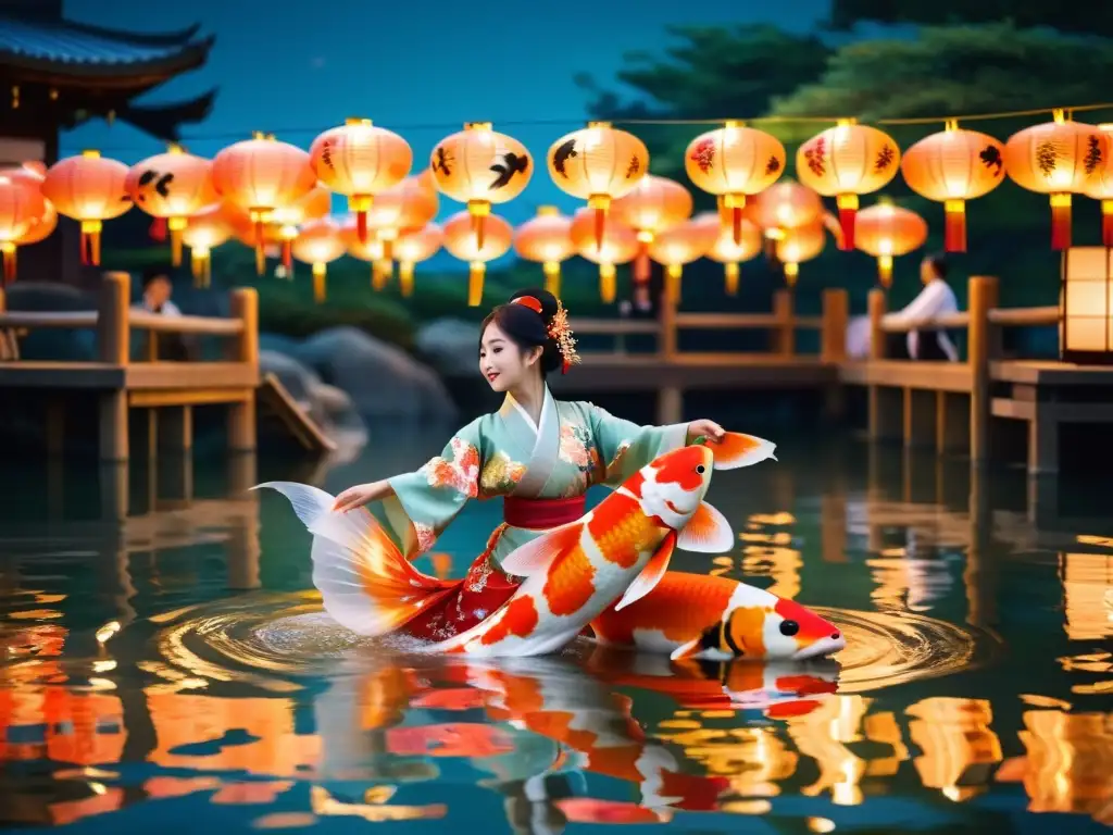 Imagen impactante de la danza tradicional del pez koi en Japón, capturando su significado cultural y belleza única