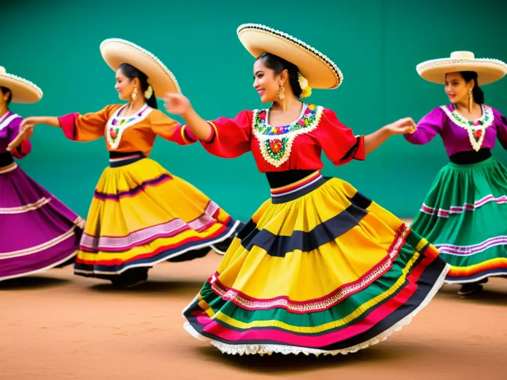 Espectáculo de danza mexicana: colores vibrantes y movimientos dinámicos Imagen impactante de danza tradicional mexicana con trajes vibrantes y coloridos