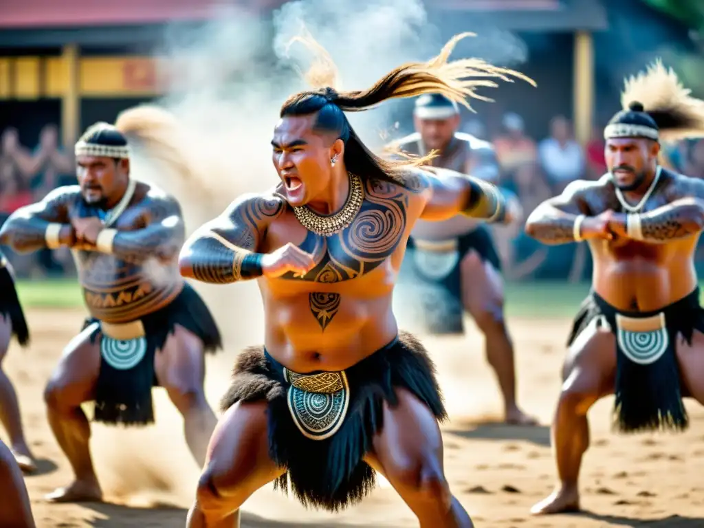 Imagen impactante de un emocionante haka maorí, con intensa energía y vestimenta tradicional