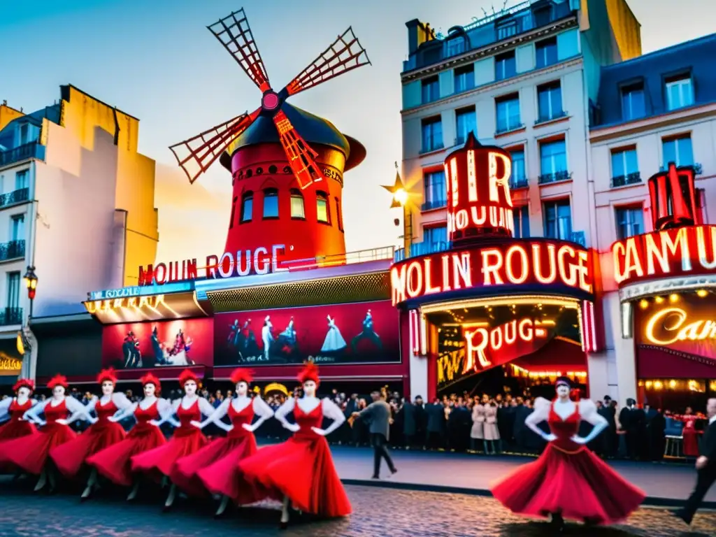 Imagen impactante del Moulin Rouge en la época de esplendor del cancán francés, con bailarinas elegantes en pleno espectáculo