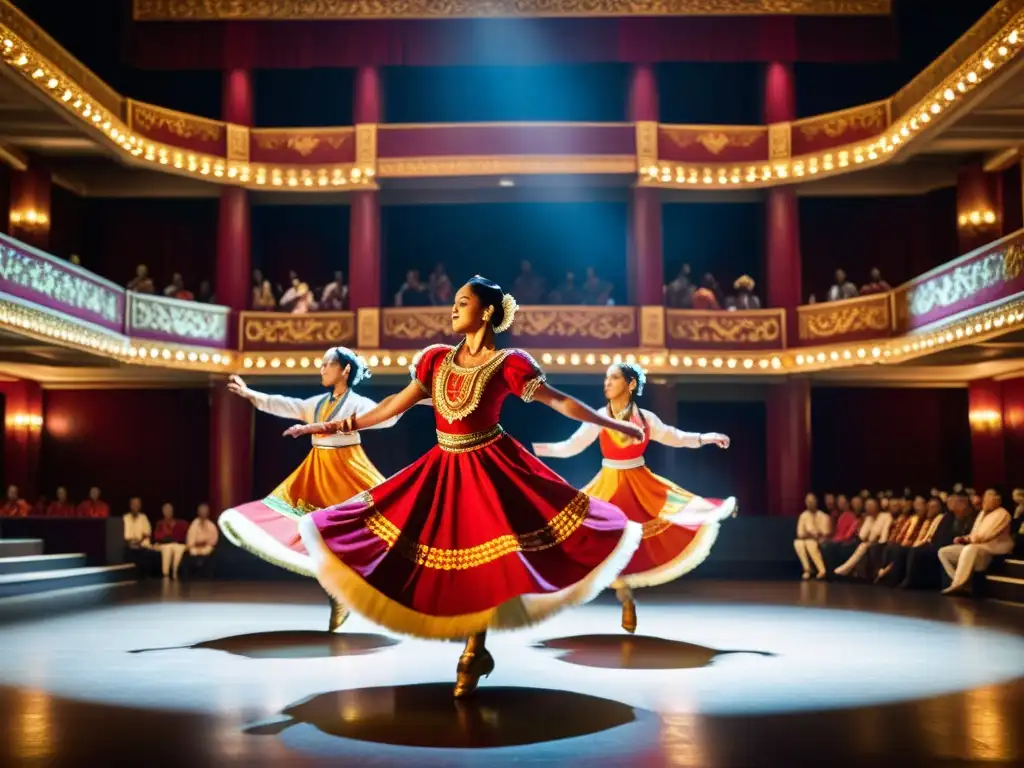 Imagen impactante de un grupo de danza tradicional en un teatro ornado, que captura la intensidad emocional y técnica