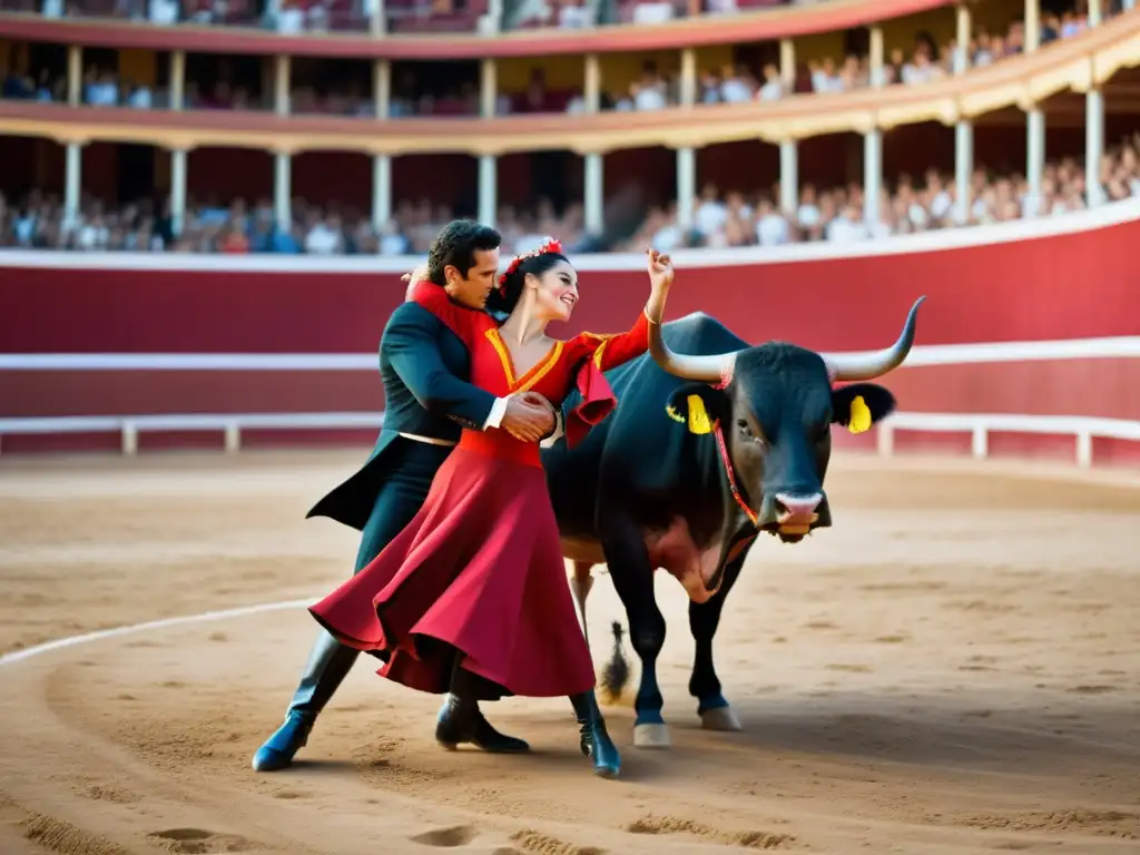 Una imagen impactante que captura la intensa atmósfera de una corrida de toros, mostrando el emocionante paso doble