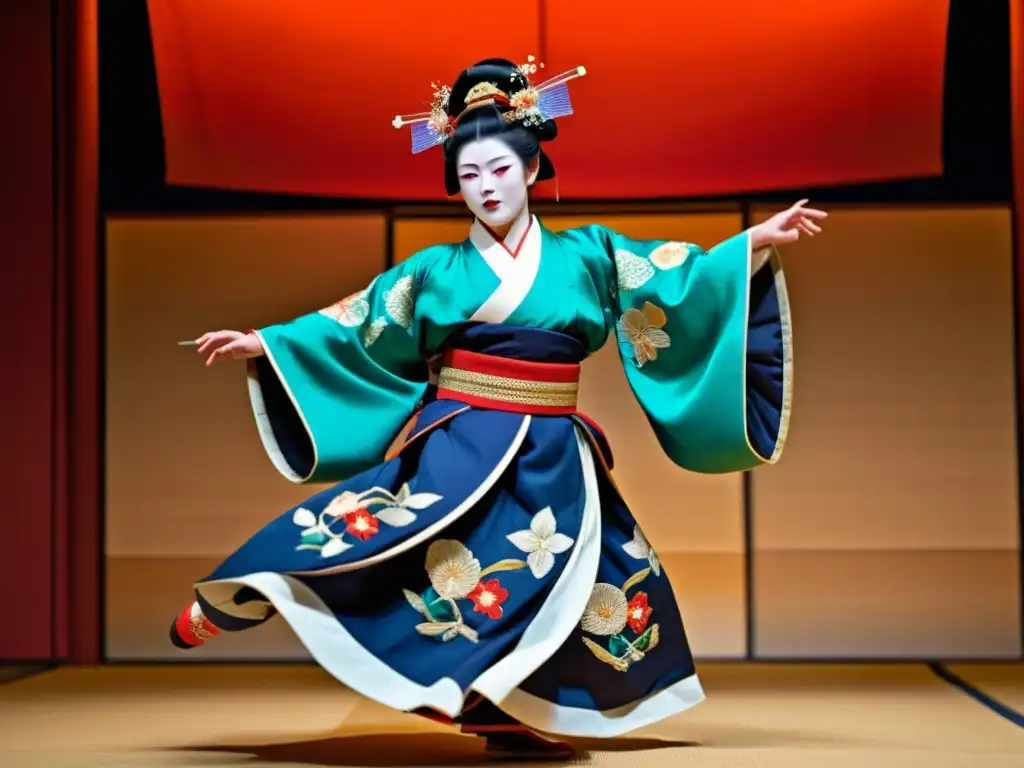 Imagen impactante de la moda de danza japonesa Noh, con trajes detallados y vibrantes, que captura la elegancia y la gracia de la danza