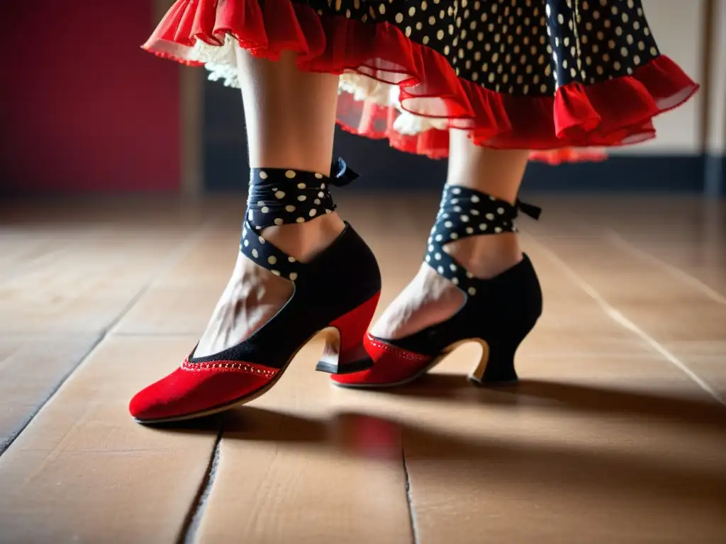 Imagen impactante de pies de bailarina flamenca en zapateado, mostrando técnicas de danza flamenca para principiantes