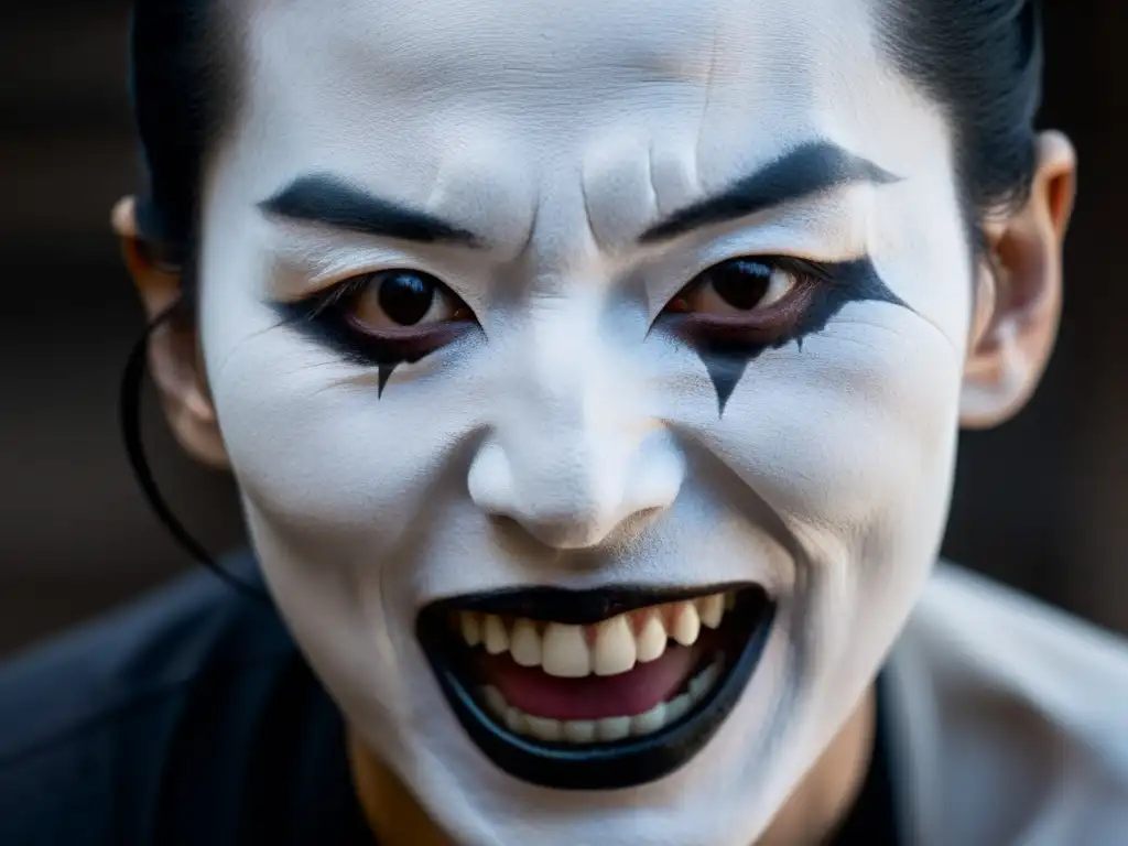 Imagen impactante de un rostro de bailarín Butoh, con maquillaje dramático y expresión intensa