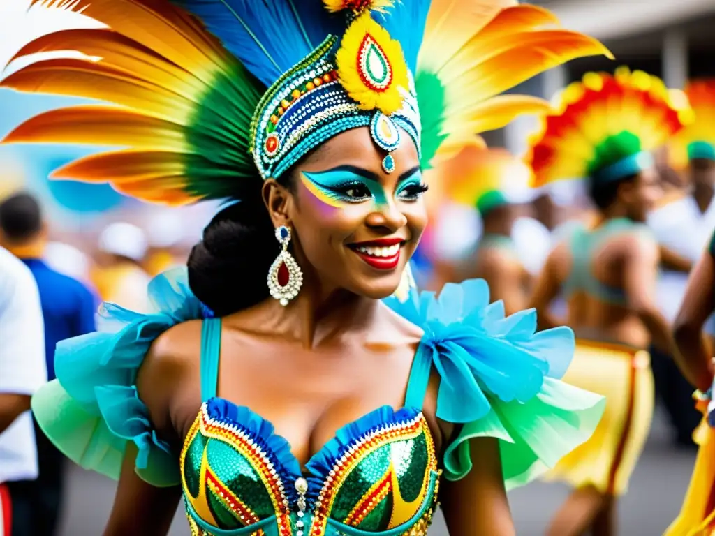 Imagen impactante del significado cultural del Carnaval de Río: trajes coloridos y dinámicos movimientos de bailarines samba en un desfile vibrante