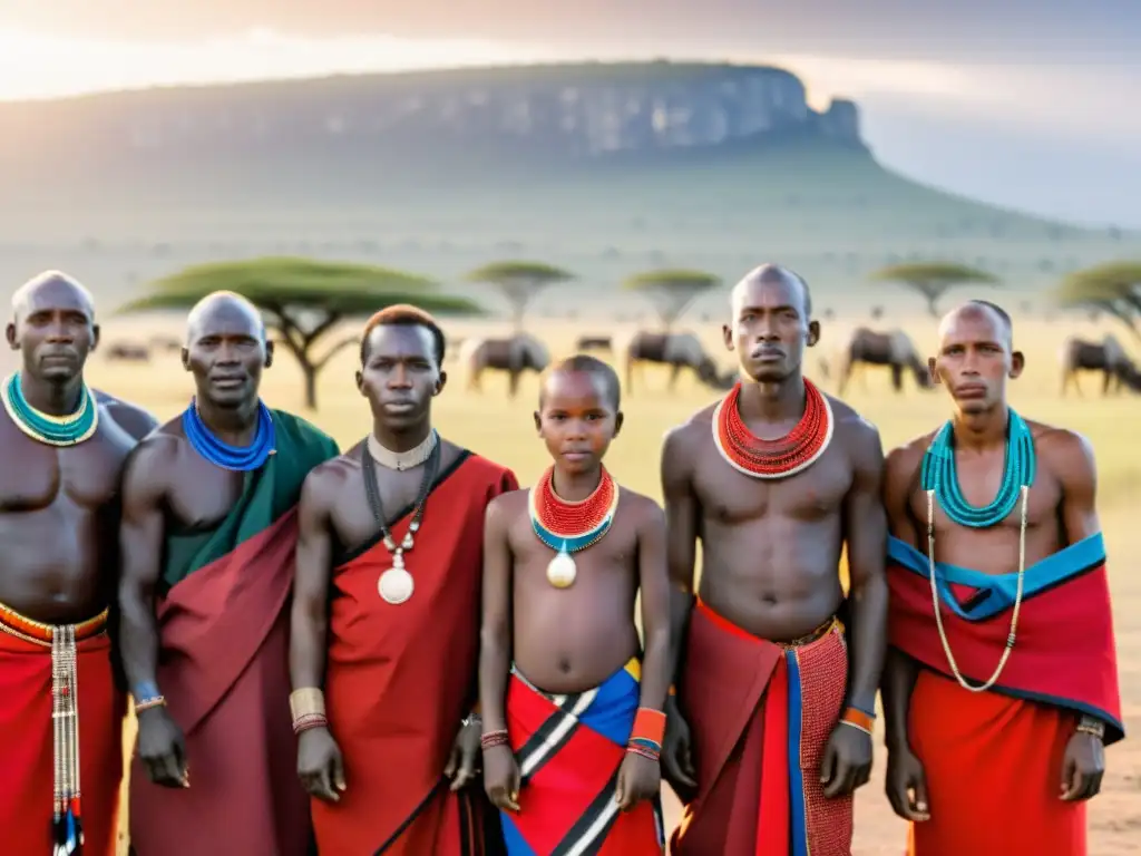 Imagen impactante de tribus Maasai en vestimenta tradicional africana, reflejando el significado cultural de sus atuendos en la cálida sabana