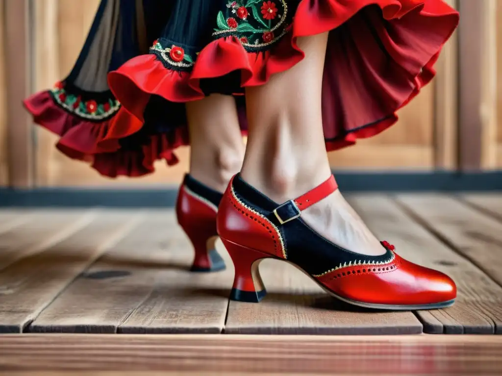 Imagen impactante de zapatos de flamenco rojos y negros en los pies de una bailarina, marcando el ritmo en el suelo de madera