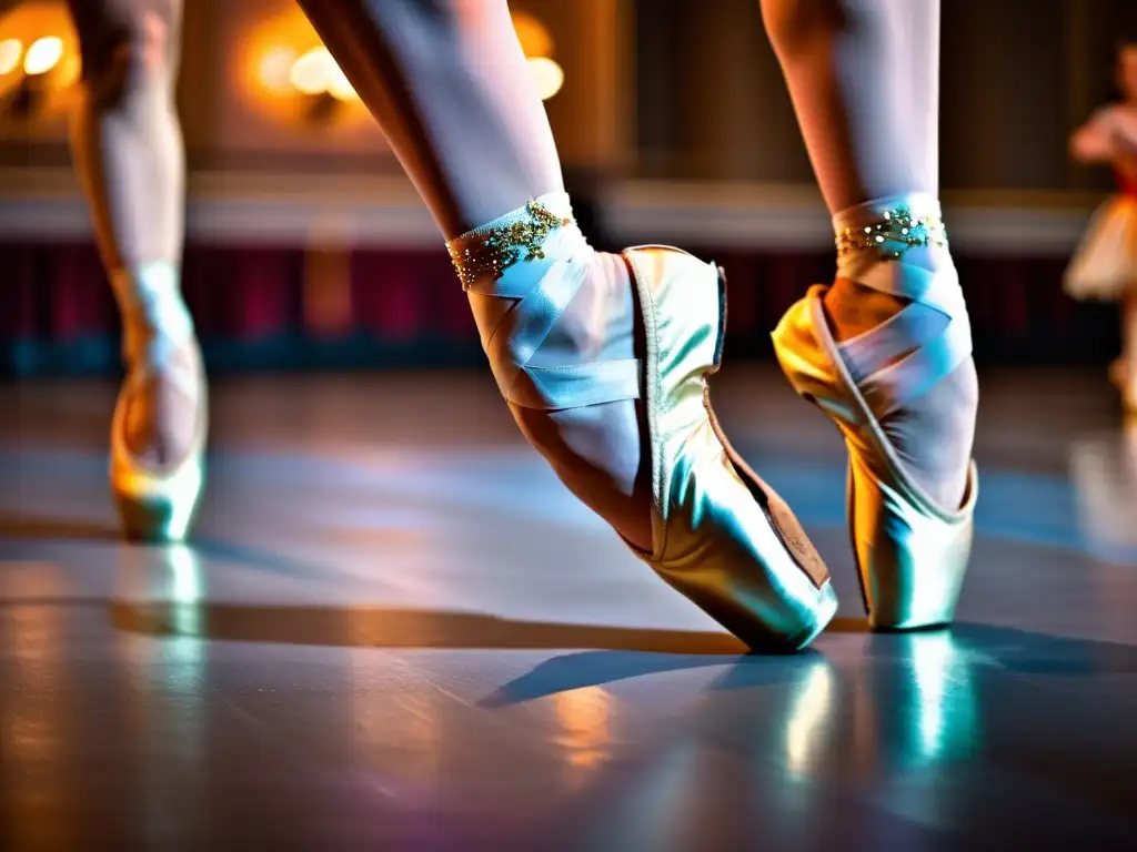 La imagen muestra la importancia del vestuario en danzas cinematográficas, con los pies de una bailarina en zapatillas de punta coloridas y detalladas