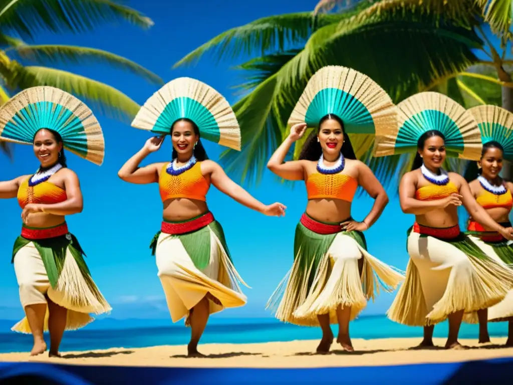 Imagen de una impresionante danza tradicional tongana, con trajes vibrantes y movimientos precisos, acompañados de música en vivo