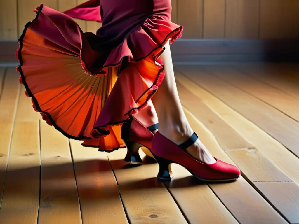 Imagen de un intenso baile flamenco festival internacional, con zapatos y faldas vibrantes en un escenario de madera