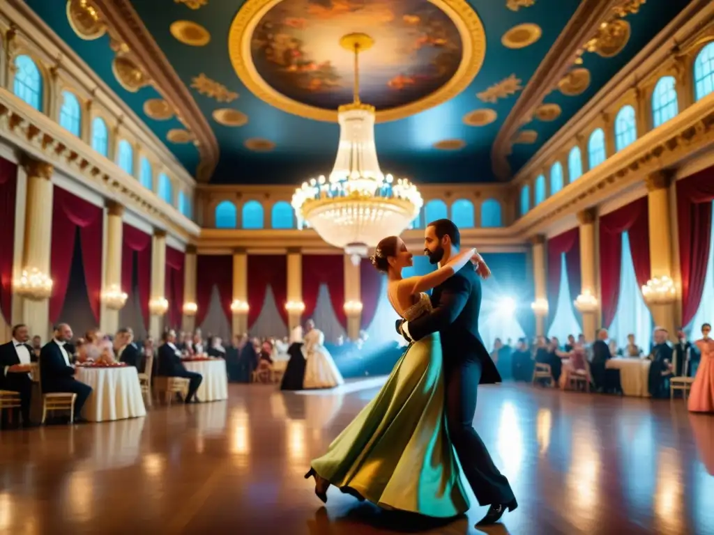 Imagen de una lujosa sala de baile europea con parejas danzando la contradanza, mostrando el origen y evolución de la contradanza