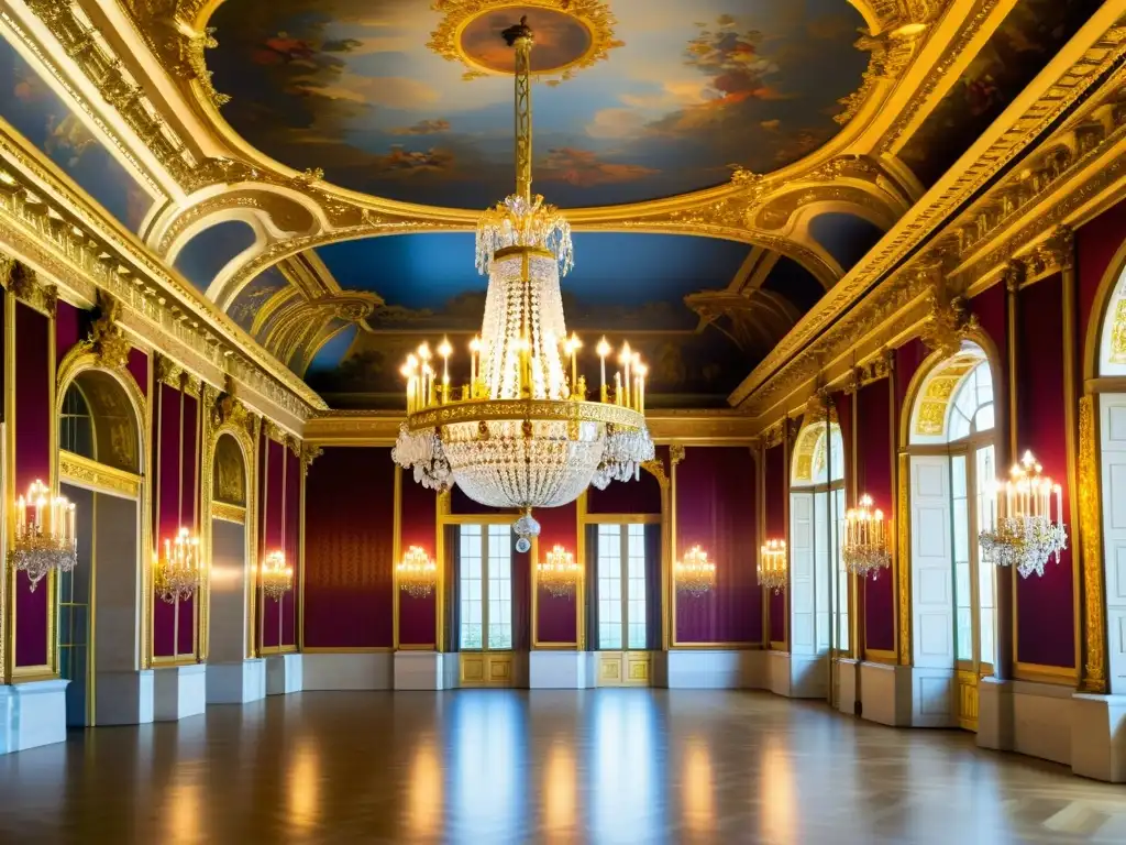 Imagen de la lujosa sala de baile en el Palacio de Versalles, con nobles bailando el elegante Minuet danza corte francesa elegancia