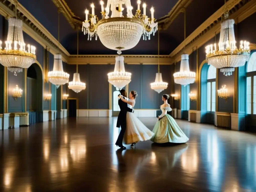 Imagen de una majestuosa sala de baile del siglo XVIII, con parejas elegantemente vestidas bailando la Quadrille