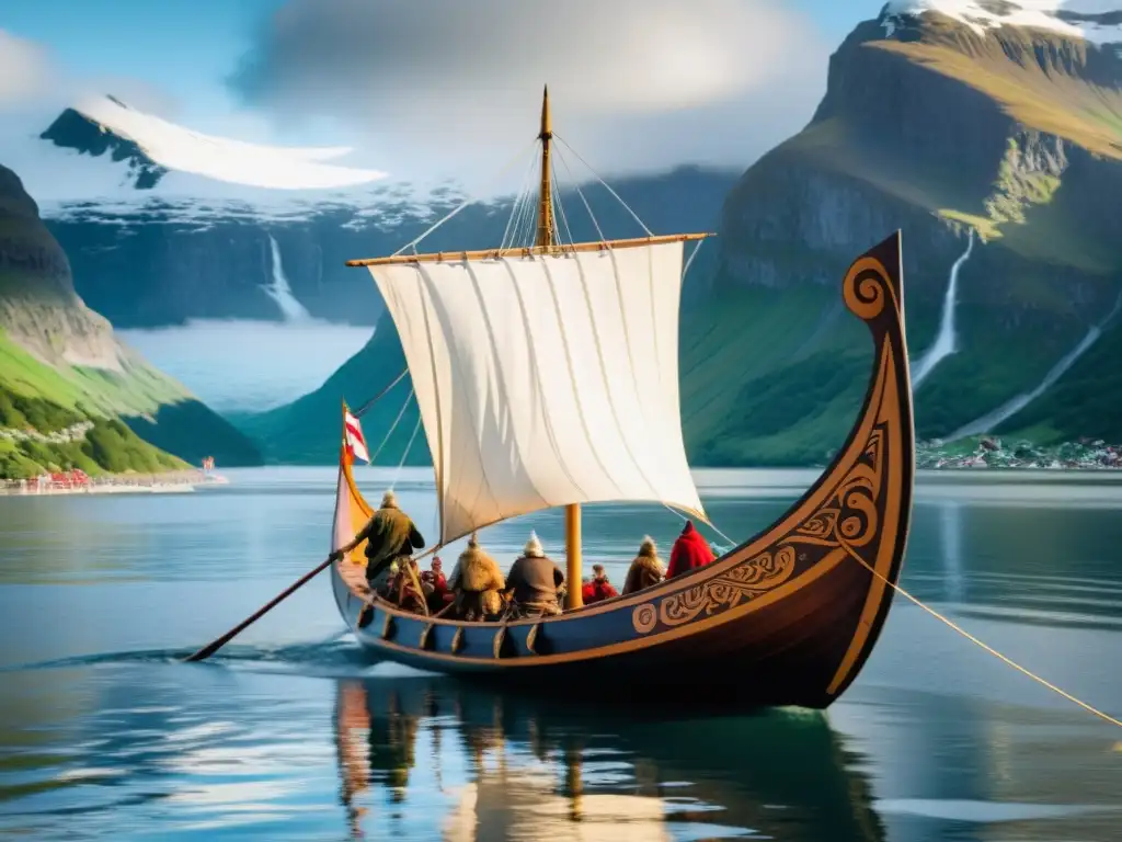 Imagen de un majestuoso drakkar vikingo navegando en un fiordo, con danzas nórdicas vikingas y un paisaje natural impresionante