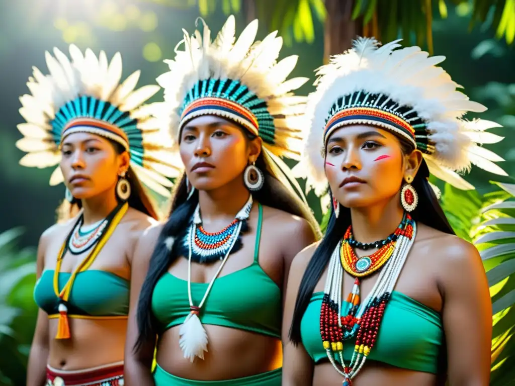 Imagen de mujeres indígenas con tocados étnicos, reflejando orgullo y tradición en un entorno natural exuberante